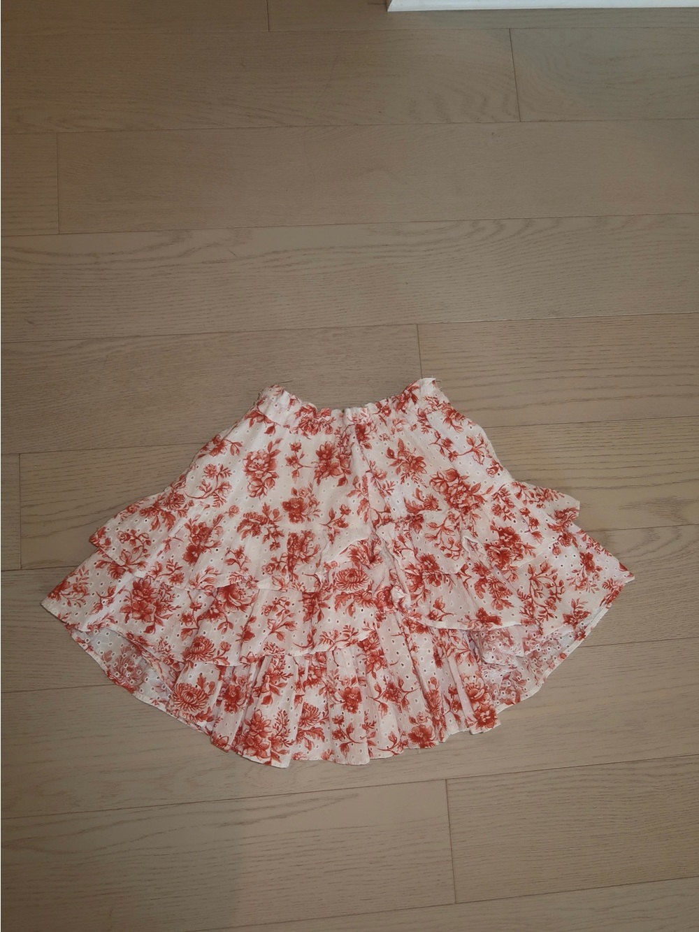 Tiered Mini Skirt in White with Rust Floral Print